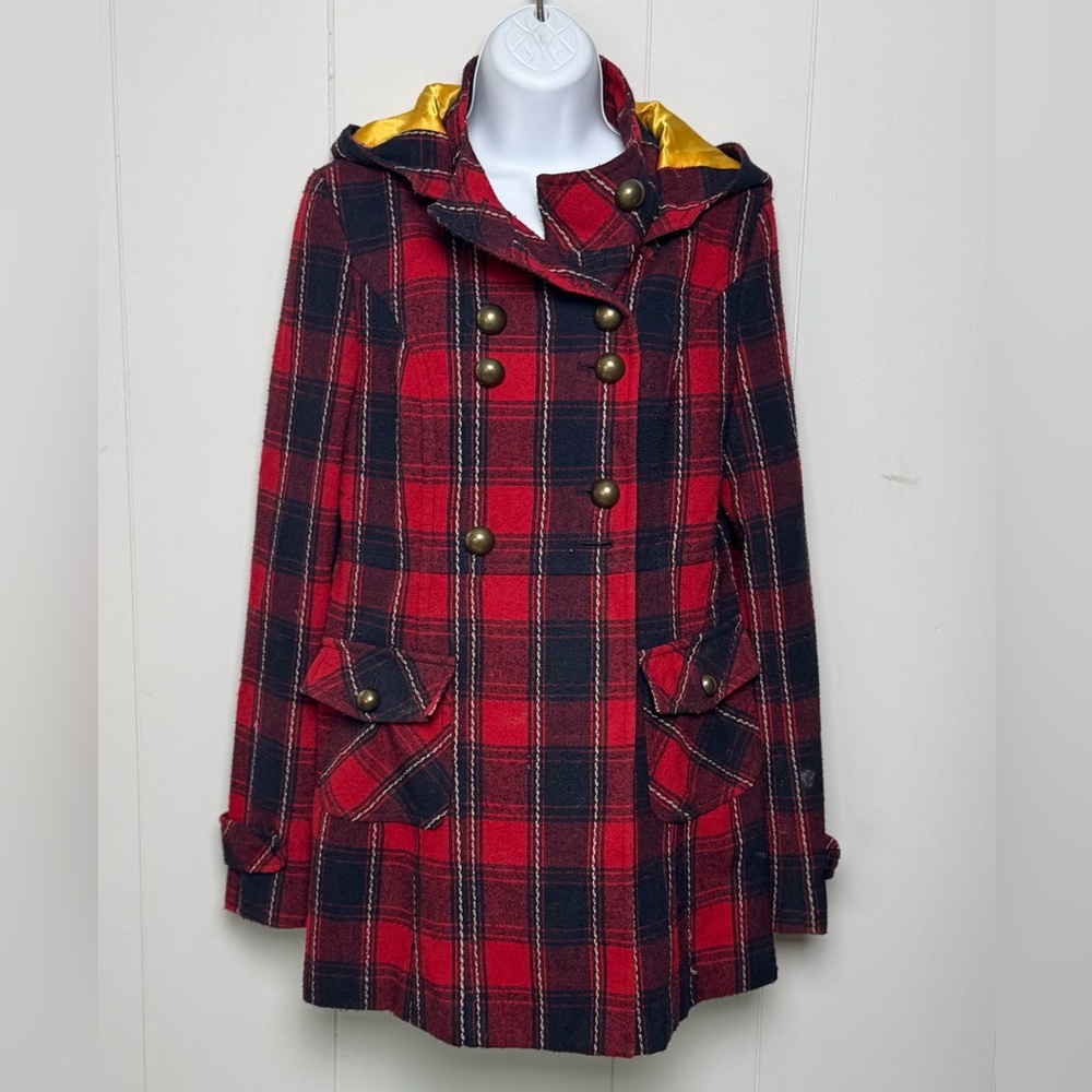 Tulle Women’s Red/Black Plaid Wool Blend Trench Coat w/ Hood&Gold Accents Size M